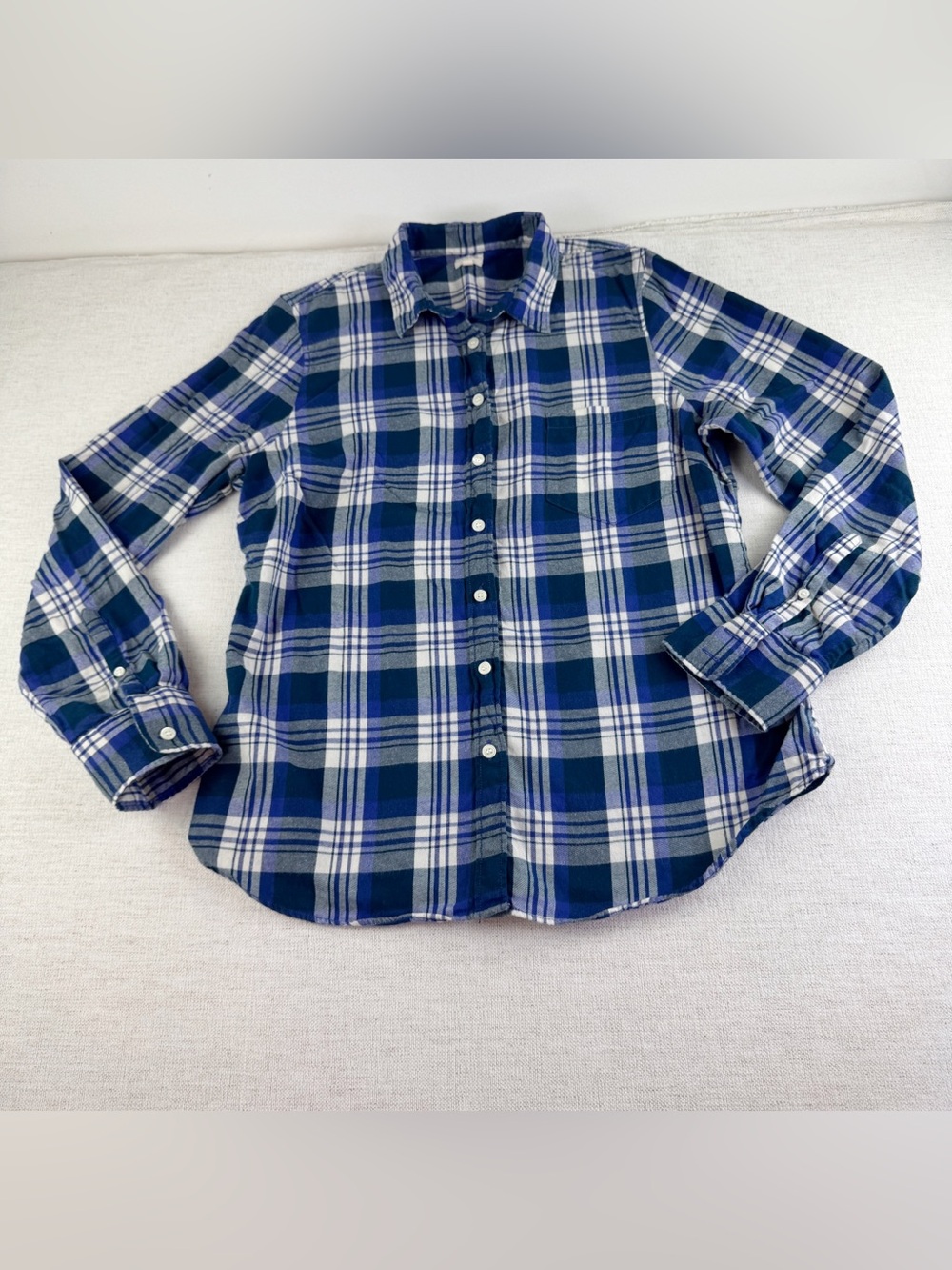J Crew women's long sleeve plaid flannel button up shirt 100% cotton blue white